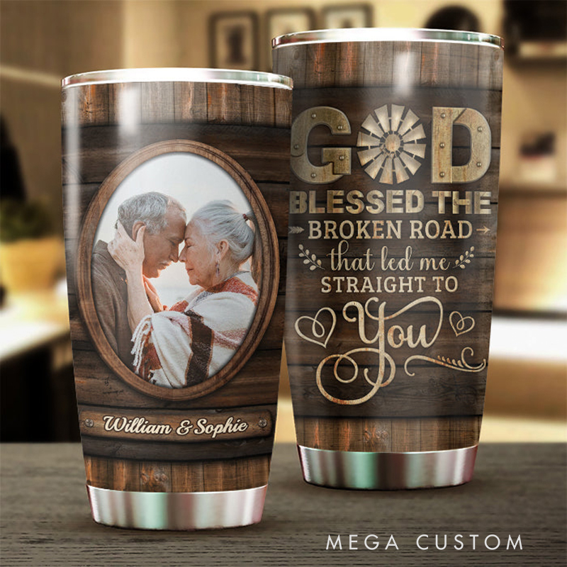 Personalized God Blessed the Broken Road that Led Me Straight to You 20oz Stainless Steel Tumbler with Name Christian Gift for Couple