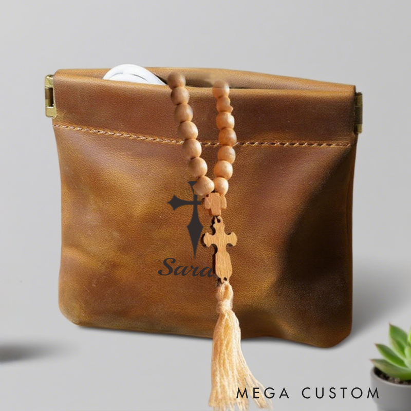 Personalized Leather Rosary Pouch with Name Squeeze Frame Pocket Case Birthday Gift for Christians