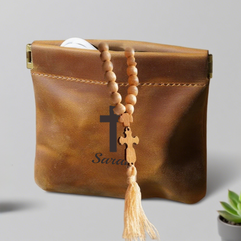 Personalized Cross Leather Rosary Pouch with Name Squeeze Frame Pocket Case Birthday Gift for Christians