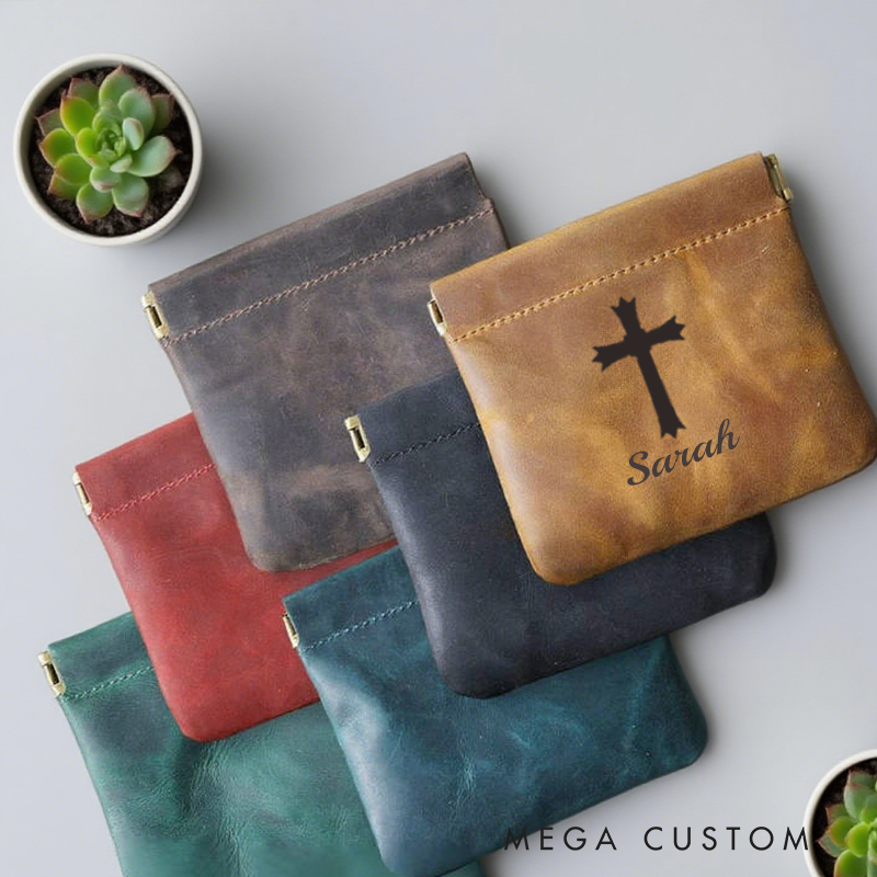 Personalized Religious Cross Leather Rosary Pouch with Name Squeeze Frame Pocket Case Birthday Gift for Christians