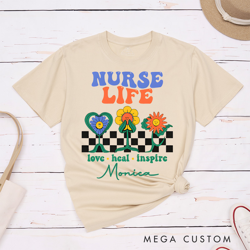 Personalized Nurse T-Shirts Nurse Life Love Heal Inspire Fashion Design T-Shirts