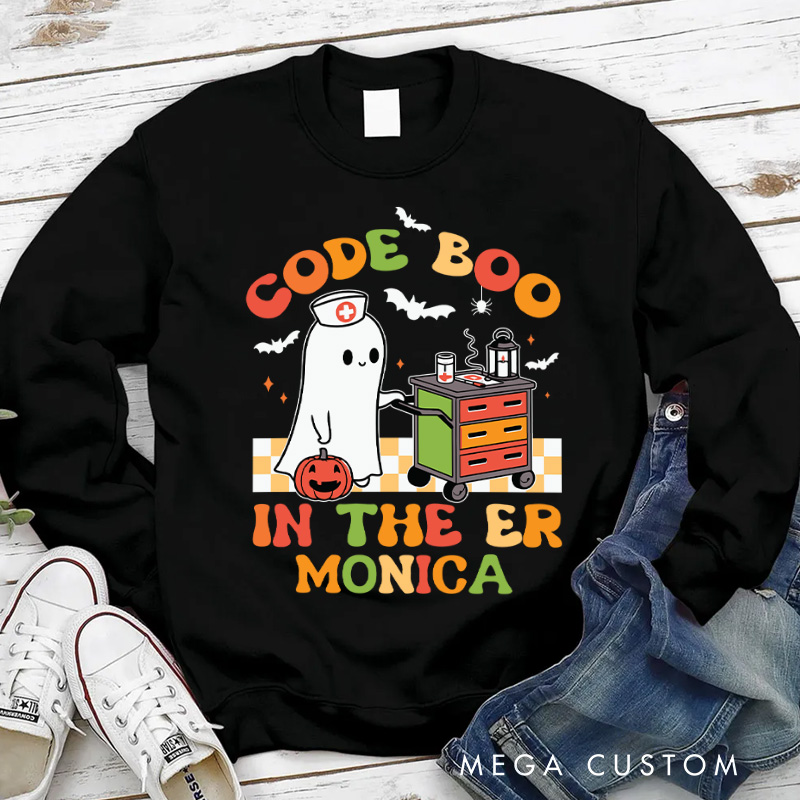 Personalized Nurse Halloween Sweatshirt Customized Code Boo in the ER Design Sweatshirt Nurse Halloween Gifts