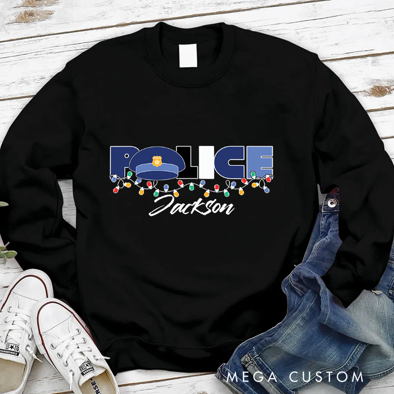 Personalized Police Christmas Sweatshirt with Festive String Lights Gift for Police Officer