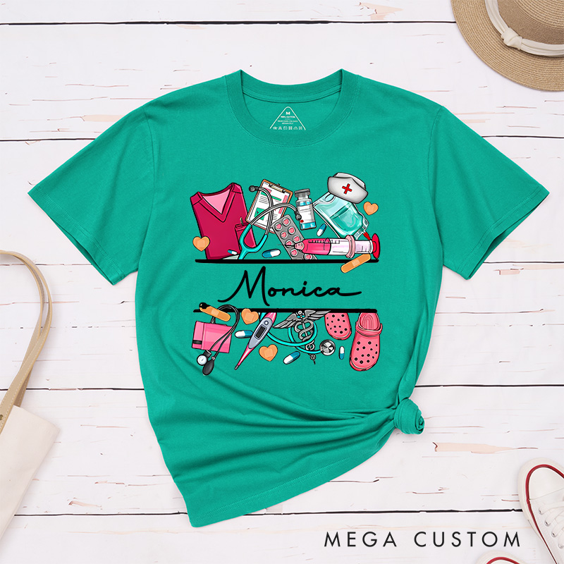 Personalized Nurse T-Shirts Nurse's Essentials Tools of Care Fashion Design T-Shirts