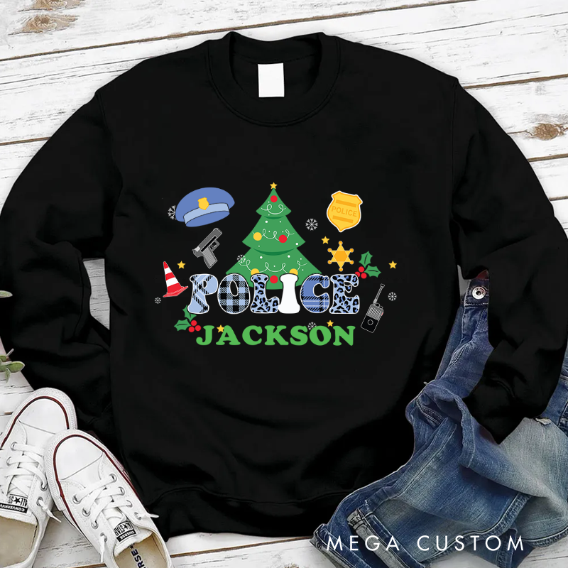 Personalized Police Christmas Sweatshirt with Tree and Festive Decorations Gift for Police Officer