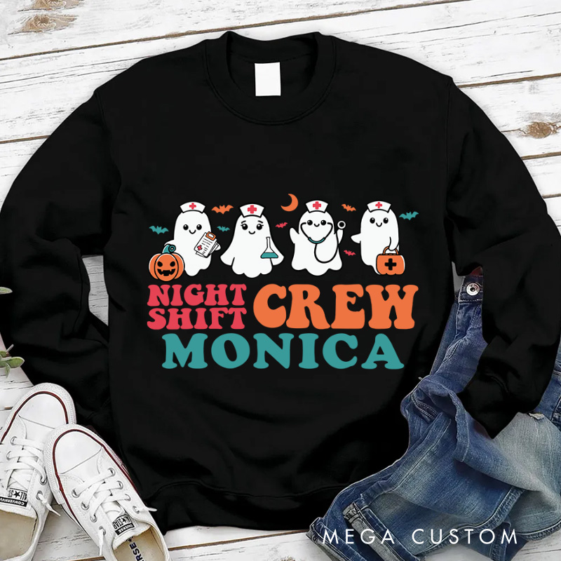 Personalized Nurse Halloween Sweatshirt Customized Night Shift Crew Design Sweatshirt Nurse Halloween Gifts
