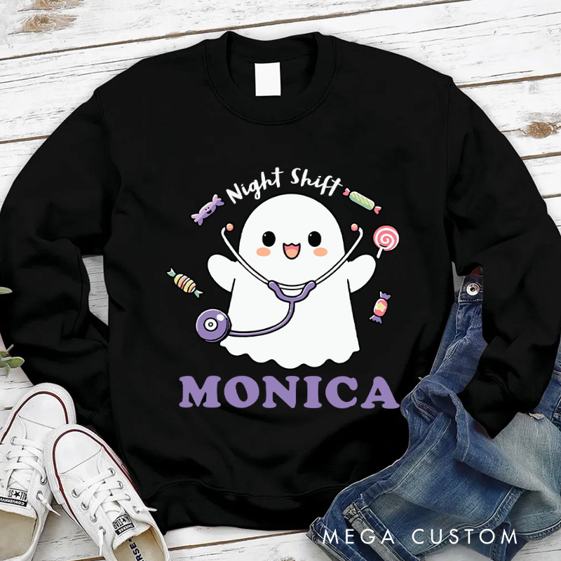 Personalized Nurse Halloween Sweatshirt Customized Night Shift Ghost Design Sweatshirt Nurse Halloween Gifts