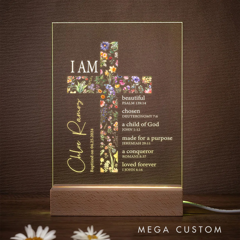 Personalized Floral Cross Bible Verse Name LED Night Light with Wood Base Religious Gift Baptism Gift for Girls