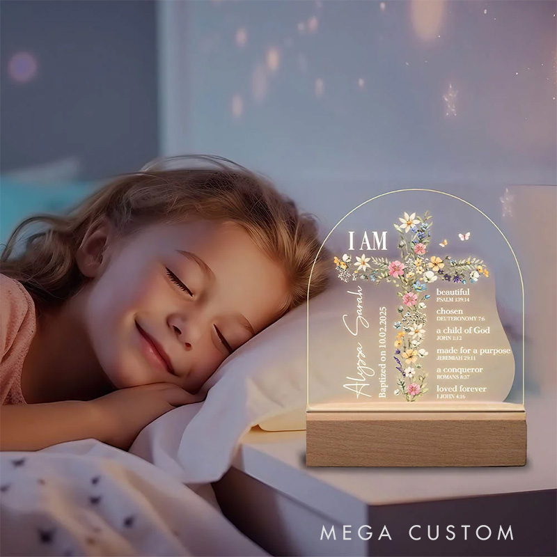 Personalized Bible Verse Floral Cross Name LED Night Light with Wooden Base Home Decoration Baptism Gift for Girls