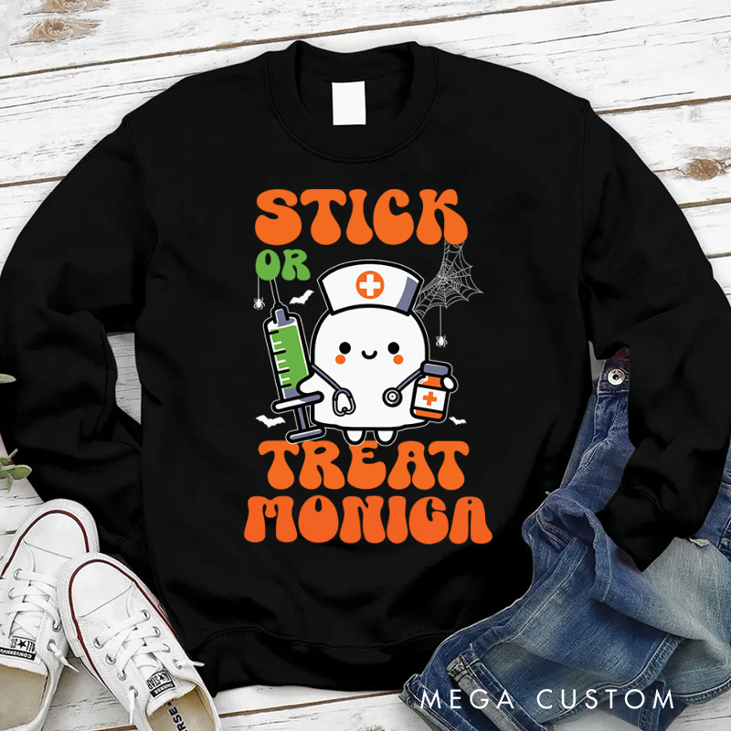 Personalized Nurse Halloween Sweatshirt Customized Stick or Treat Design Sweatshirt Nurse Halloween Gifts