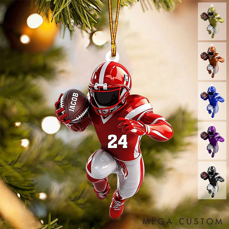 Personalized American Football Player Ornament with Custom Name, Number, and Team Colors