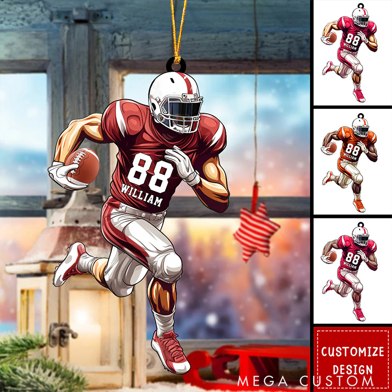 Personalized Action American Football Player Ornament with Custom Name, Number and Team Colors