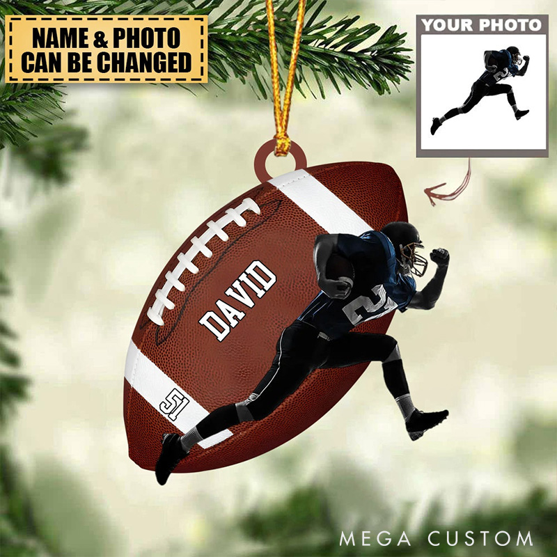 Personalized American Football Ornament with Custom Name, Number, and Photo
