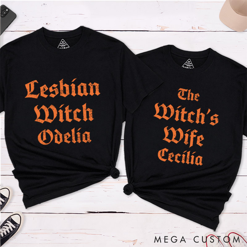 Personalized Lesbian Witch and Wife Halloween Couple T-Shirts LGBTQ Matching Shirt Halloween Tee for Lesbian