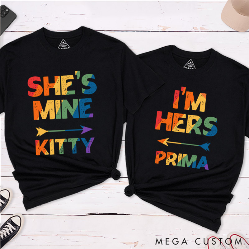 Personalized She's Mine I'm Hers Rainbow Couple T-Shirts LGBTQ Matching Shirts Lesbian Couple T-Shirt for Women