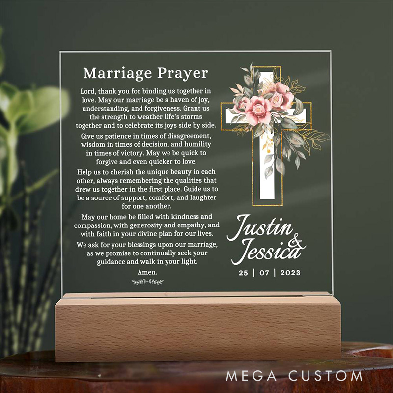 Personalized Marriage Prayer LED Night Light with Name and Date Religious Wedding Gift for Christian Couple