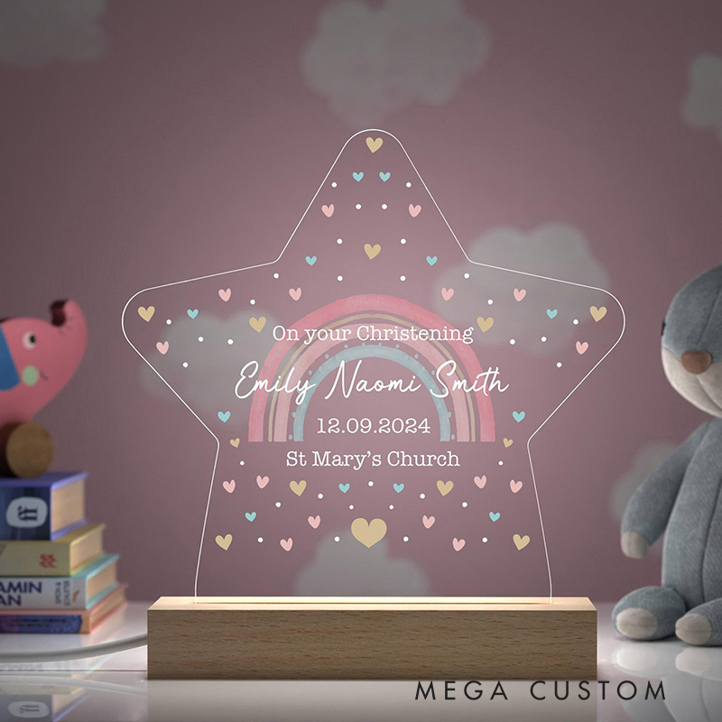Personalized Rainbow and Heart LED Night Light with Name and Date Christening Keepsake Baptism Gift Religious Gift for Girls