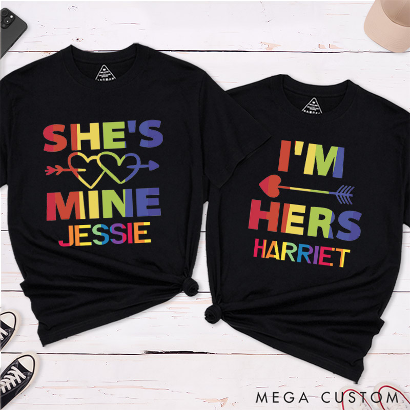 Personalized She's Mine I'm Hers LGBTQ Rainbow Love T-Shirts Lesbian Matching Shirts for Her Pride Couple Tee