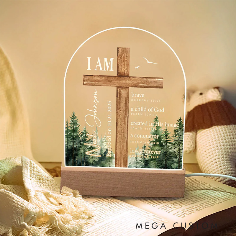 Personalized Bible Verse Cross LED Night Light with Wood Base Baptism Gift with Name Religious Gift for Boys