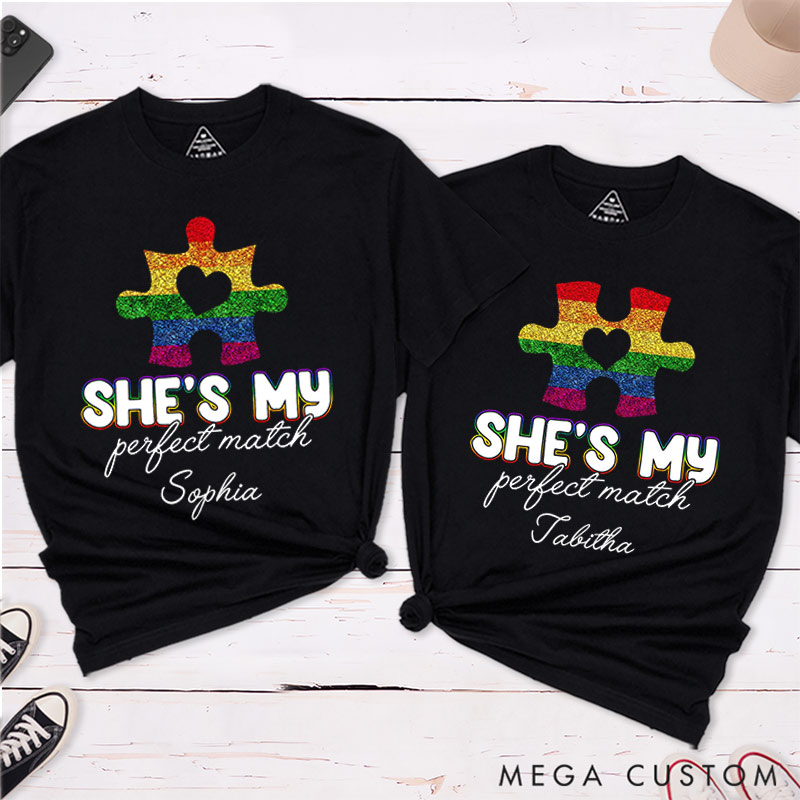 Personalized She's My Perfect Match Puzzle Piece Pride T-Shirts LGBTQ Lesbian Matching Couple Shirt Lesbian Wife Girlfriend Tees