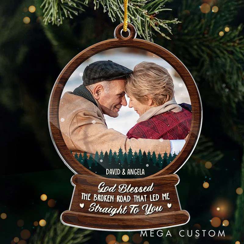 Personalized God Blessed the Broken Road Acrylic Snow Globe Shaped Custom Ornament with Name and Photo Christmas Gift