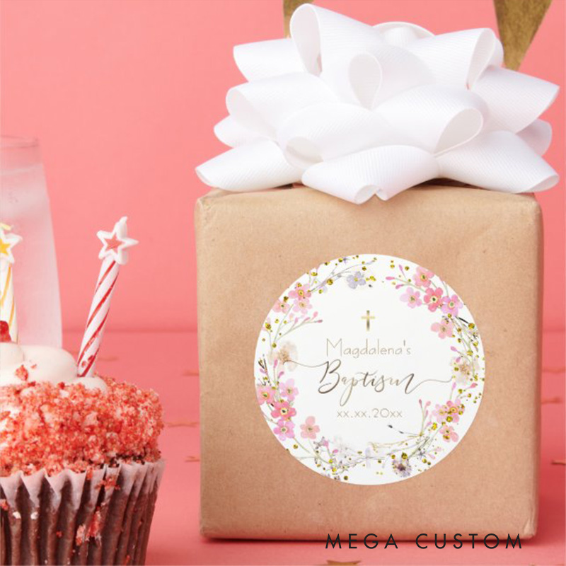 Personalized Flowers Wreath Cross Classic Round Sticker with Name and Date Religious Gift Baptism Gift for Girls