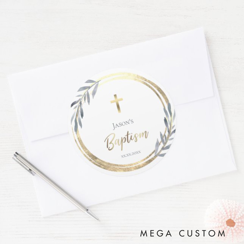 Personalized Dusty Blue Wreath Cross Classic Round Sticker with Name and Date Christian Gift Baptism Gift for Boys