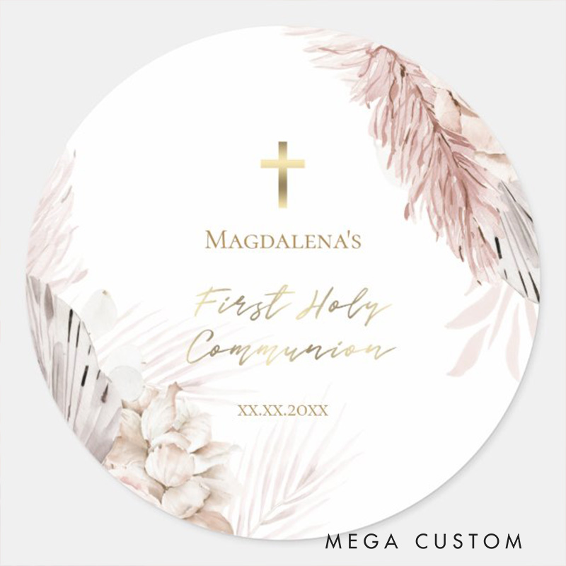 Personalized Boho Flowers with Cross Classic Round Sticker with Name and Date Religious Gift First Holy Communion Gift for Girls