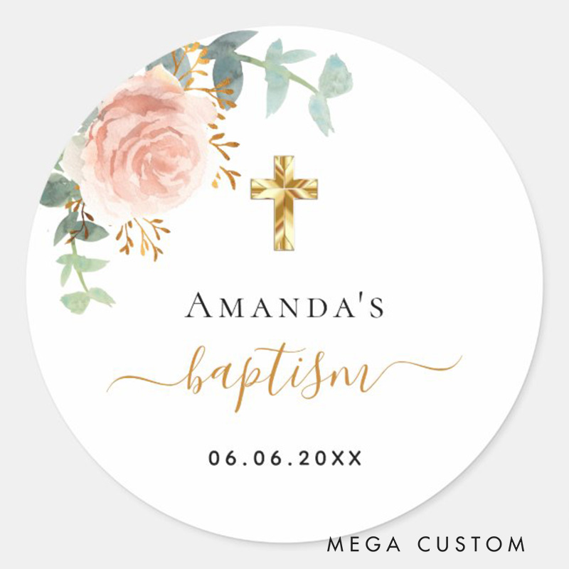 Personalized Eucalyptus Pink Floral with Cross Classic Round Sticker with Name and Date Religious Gift Baptism Gift for Girls