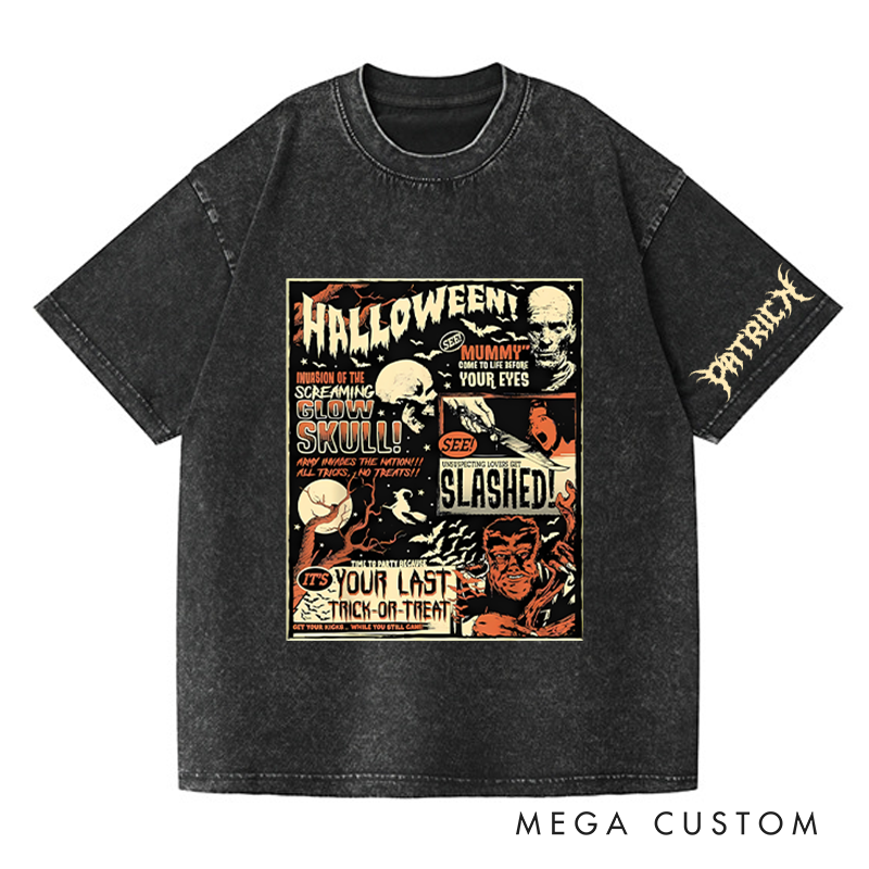 Personalized Halloween Poster Washed T-Shirts Horror Skeleton Tshirt for Movie Lovers