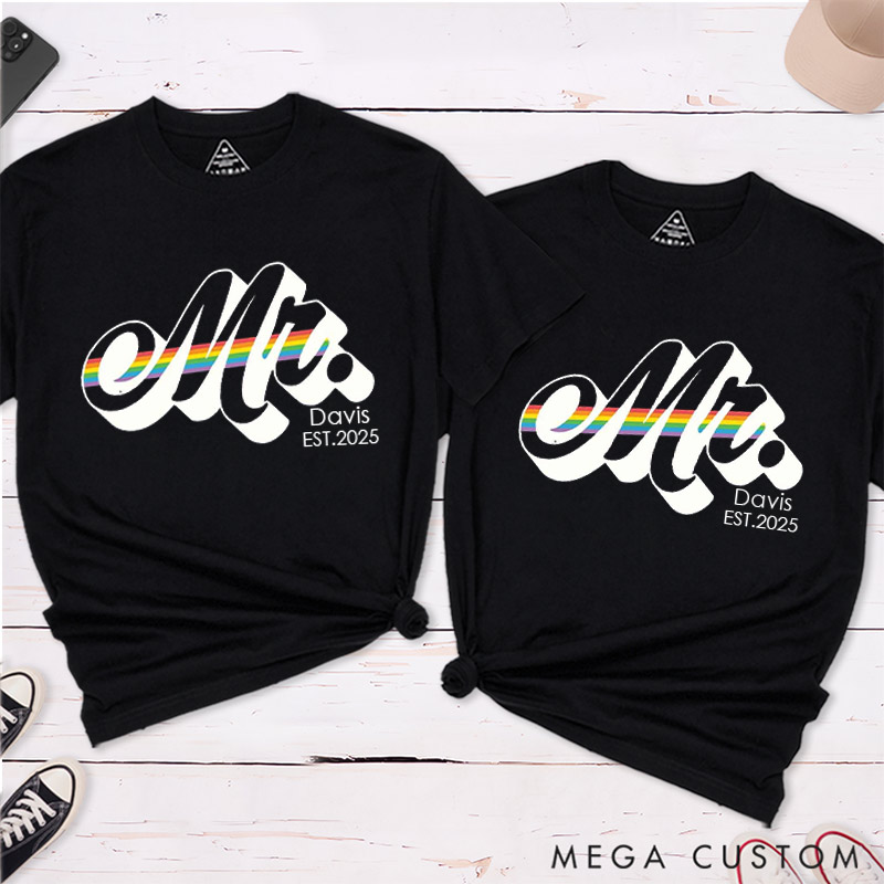 Personalized Mr and Mr Rainbow Couple T-Shirts LGBTQA+ Gay Matching Shirt for Him Pride Month LGBTQ Couple Tee for Gay