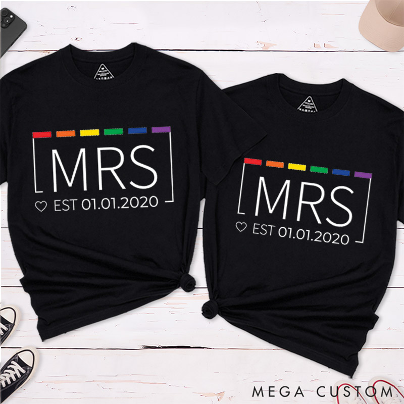 Personalized Mrs and Mrs Rainbow Couple t-Shirts LGBTQ Couple Matching Shirt for Her Lesbian Anniversary Tee
