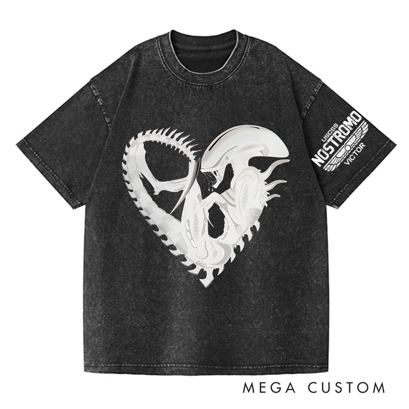 Personalized the Alien Heart Washed T-Shirts Sci-fi Movie Horror Halloween Space Opera Tshirt for Movie TV Show Lovers