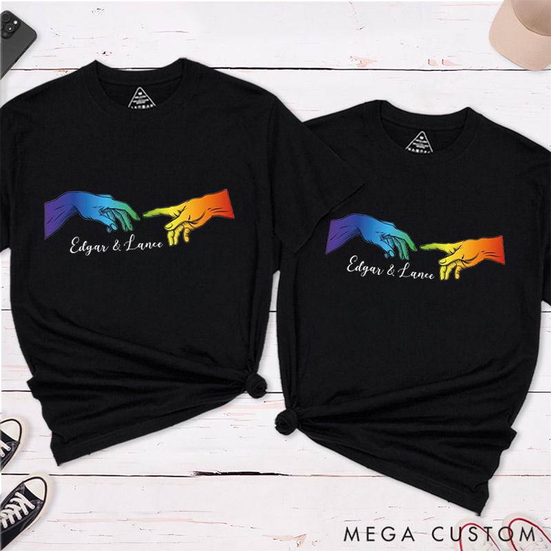 Personalized LGBTQA+ Rainbow Hands Couple T-Shirts LGBTQ Gay Couple Matching Shirt with Name Matching Tee for LGBTQA+