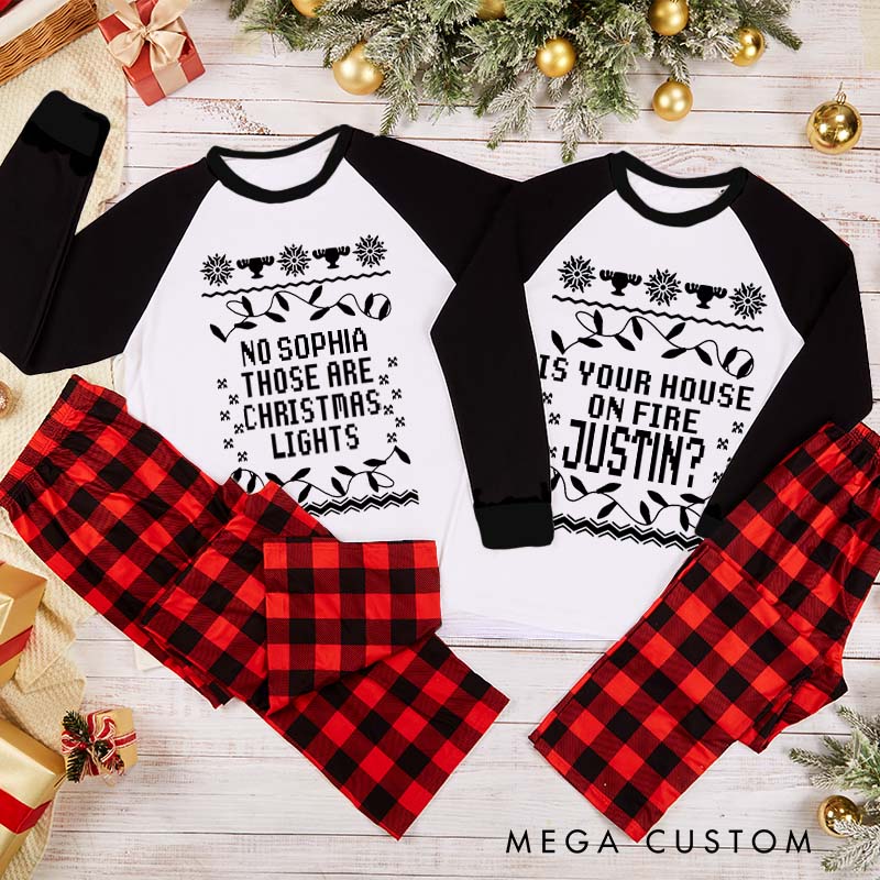 Personalized Couple Is Your House on Fire and Those Are Christmas Lights Pajamas Christmas Matching Pjs for Husband Wife Boyfriend Girlfriend