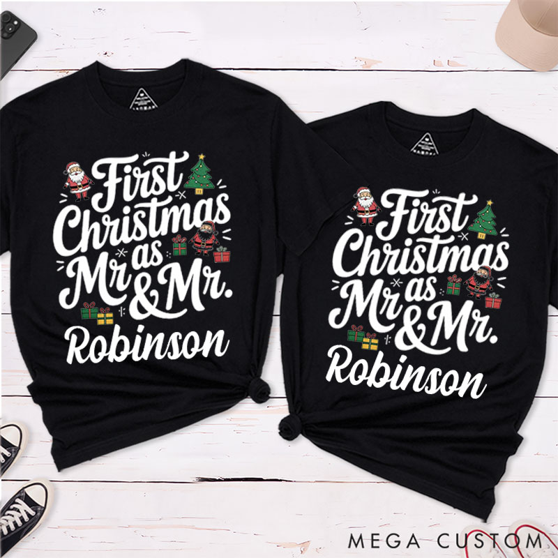 Personalized First Christmas as Mr and Mr Couple T-Shirts LGBTQ Gay Couple Christmas Matching Shirt for Him Gay Xmas Tee