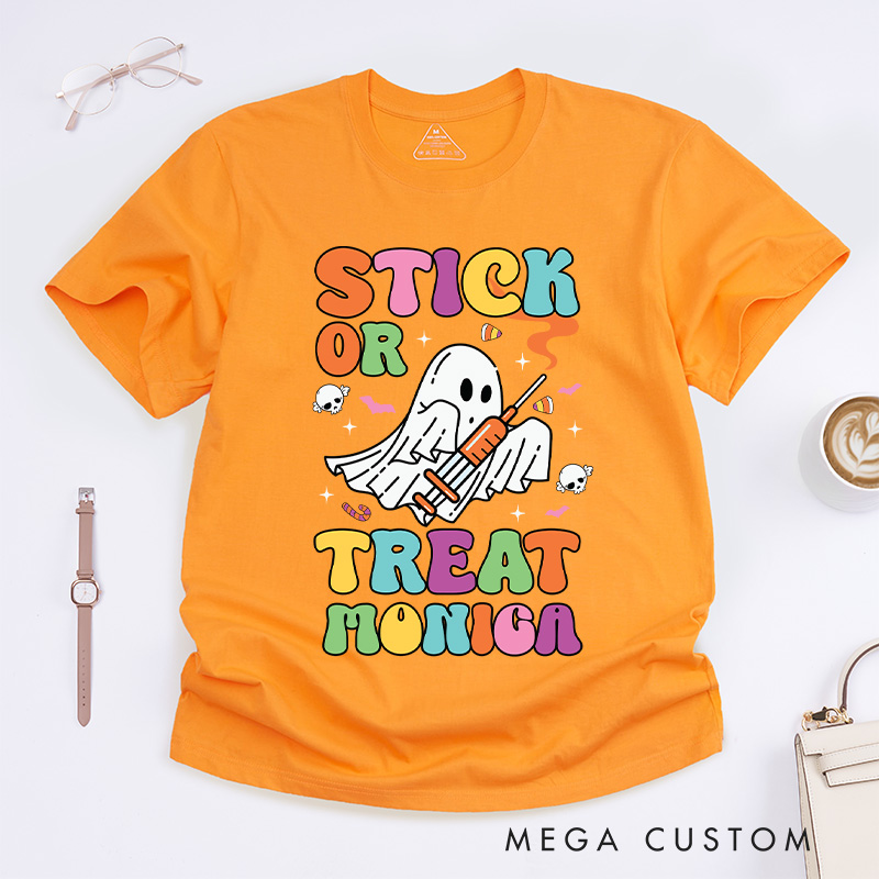 Personalized Nurse T-Shirts Stick or Treat Fashion Design T-Shirts Nurse Halloween Gifts