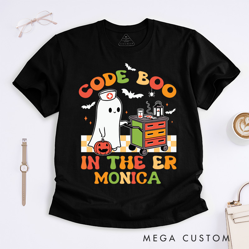 Personalized Nurse T-Shirts Code Boo in the ER Fashion Design T-Shirts Nurse Halloween Gifts