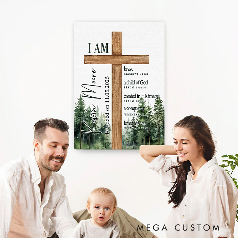 Personalized Cross Bible Verse Frameless Canvas Painting with Name Religious Wall Decor Christening Baptism Gift for Boys
