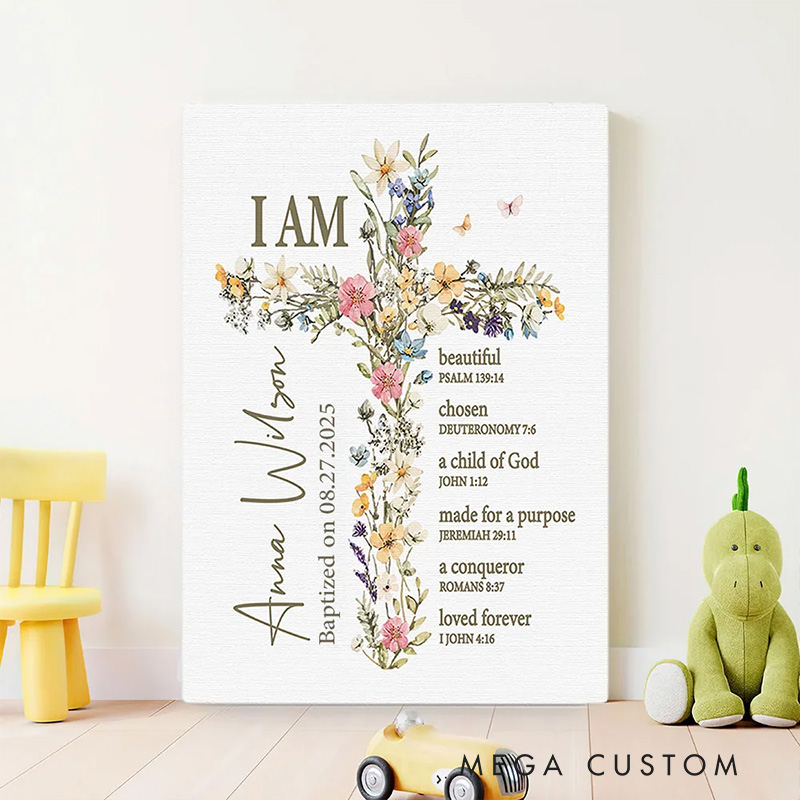 Personalized Floral Cross Bible Verse Frameless Canvas Painting with Name Religious Wall Decor Christening Baptism Gift for Girls