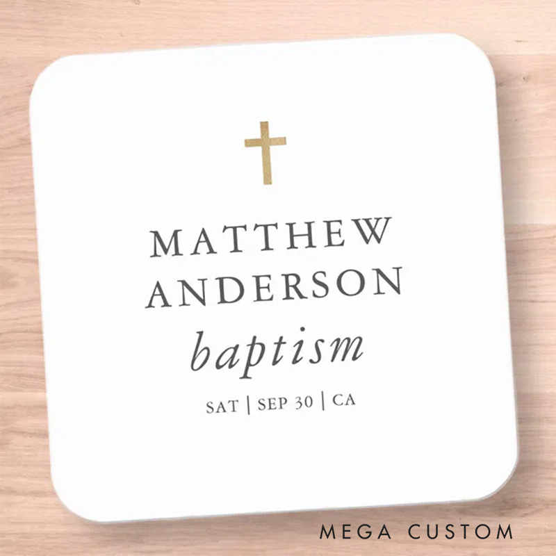 Personalized Simple Modern Elegant Cross Classic Square Sticker with Name and Date Religious Gift Baptism Gift