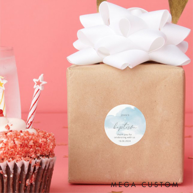 Personalized Minimal Blue Sky Classic Round Sticker with Name and Date Religious Gift Baptism Gift for Boys