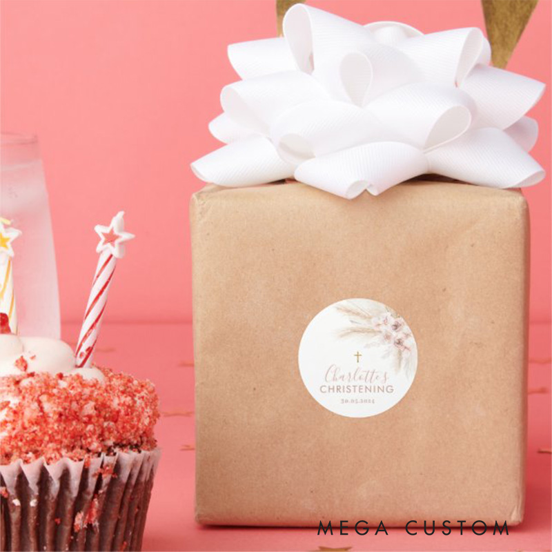 Personalized Boho Pampas Pink Floral Classic Round Sticker with Name and Date Religious Gift Baptism Christening Gift for Girls