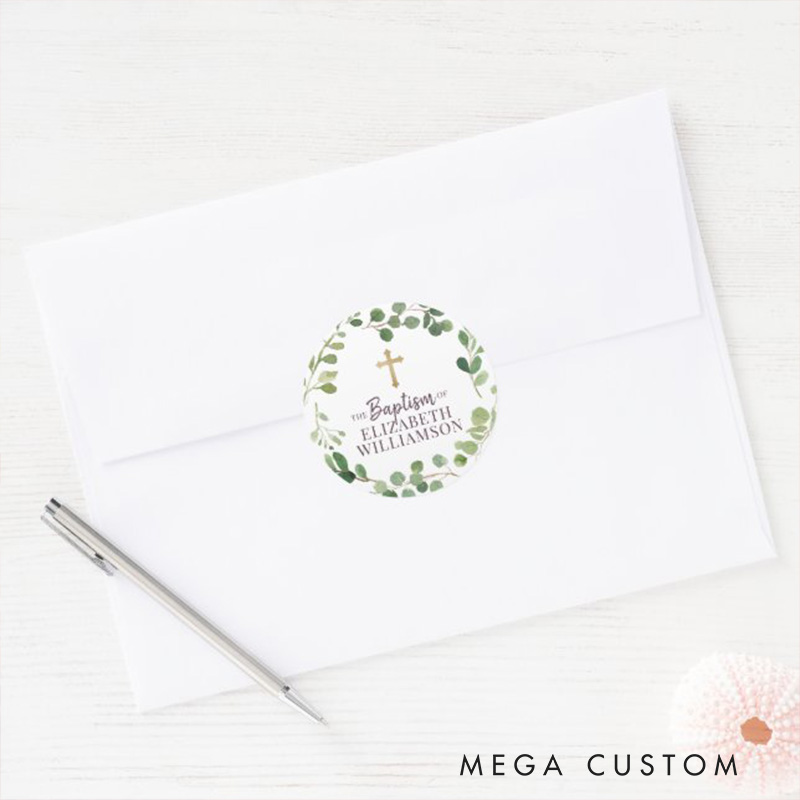 Personalized Watercolor Foliage Botanical Cross Classic Round Sticker with Name Religious Gift Baptism Christening Gift