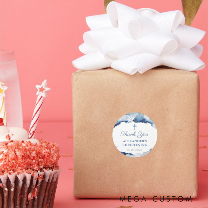 Personalized Navy Blue Nautical Thank you with Cross Classic Round Sticker with Name and Date Religious Gift Baptism Christening Gift for Boys