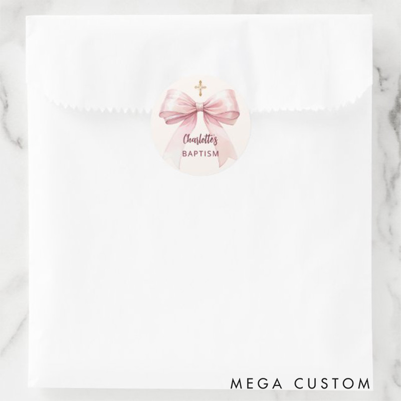Personalized Pink Bow Cross Cream Peach Classic Round Sticker with Name Religious Gift Baptism Christening Gift for Girls