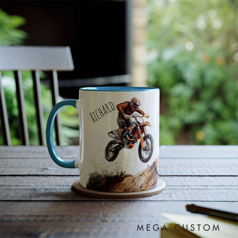 Personalized Motocross Mug Custom Dirt Bike Coffee Cup Ceramic off Road Racing Gift Extreme Sports Cup with Rider Name for Motorcycle Lovers