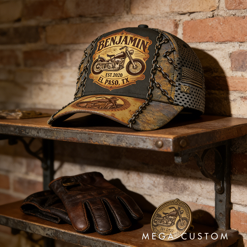 Personalized Motorcycle Cap Vintage Bike Custom Name Cap Gift for Bikers and Motorcycle Fans