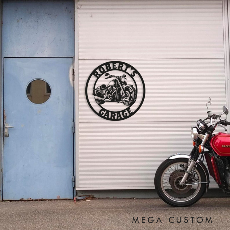 Personalized Motorcycle Garage Metal Sign Custom Round Chopper Wall Art with Name Biker Workshop Decor Gift for Motorsport Racer and Racing Lovers