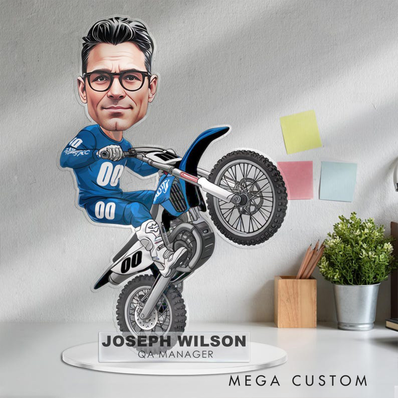 Personalized Motocross Biker Figurine Caricature Portrait Desk Name Plate Acrylic Motorcycle Dirt Bike Plaque Office Decor Gift for Colleague and Racing Lovers